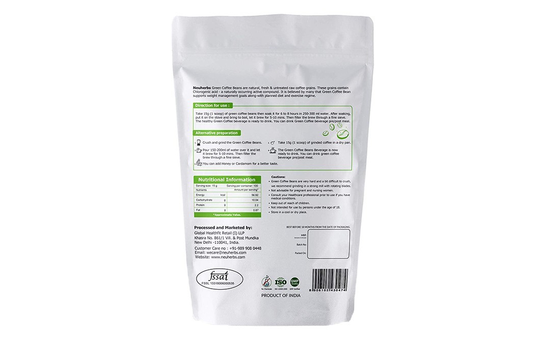 Neuherbs organic Green Coffee Untasted, Arabica Coffee Beans   Pack  1.5 kilogram